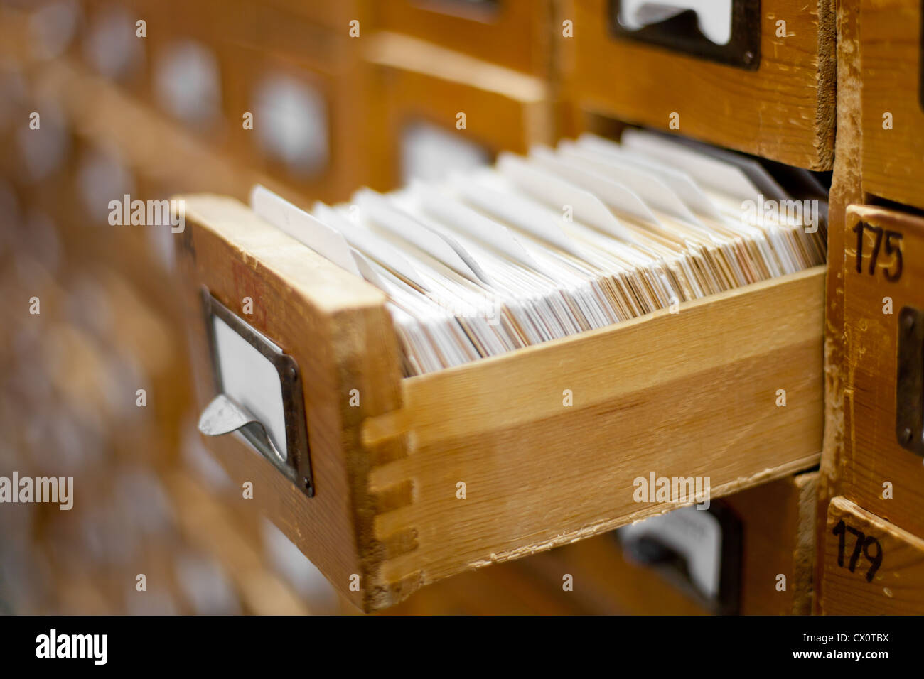 database concept. vintage cabinet. library card or file catalog. Stock Photo