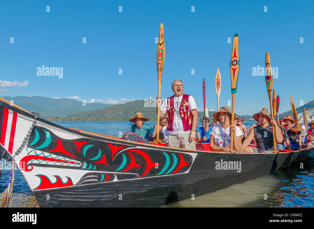 Gathering of Canoes to Protect the Salish Sea, September 1, 2012. Awaiting welcome at Whey-ah-Wichen (Cates Park) N. Vancouver. Stock Photo