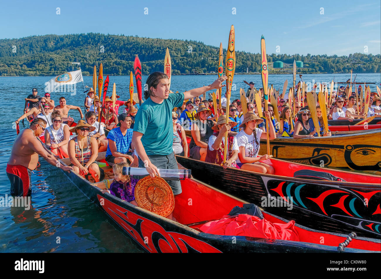 Dustin Rivers, Squamish Nation, Gathering of Canoes to Protect the Salish Sea, Awaiting welcome at Whey-ah-Wichen N. Vancouver. Stock Photo