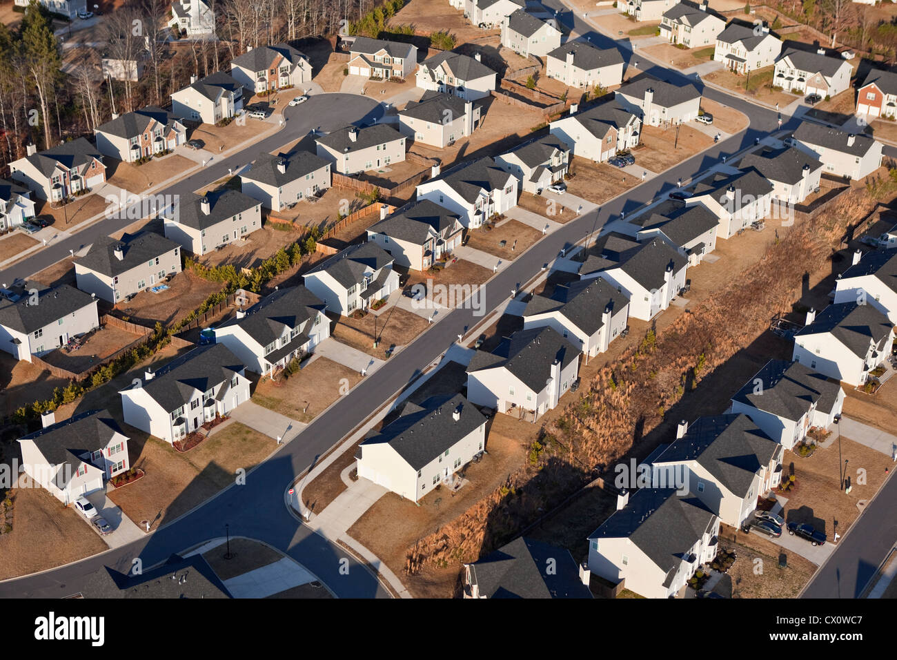 Aerial of a brand new suburban neighborhood in the eastern USA. Stock Photo
