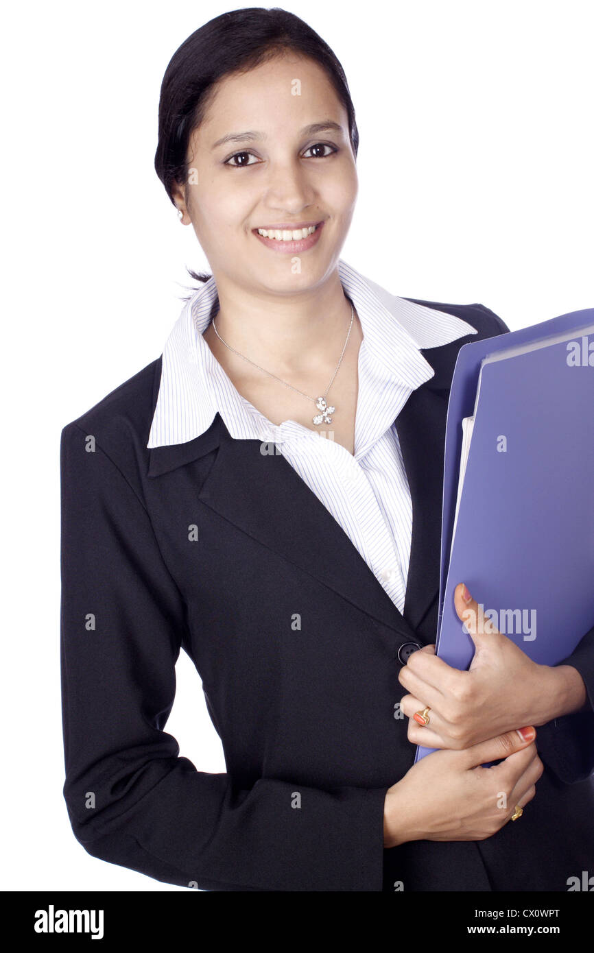 Happy young business woman with document folder Stock Photo - Alamy