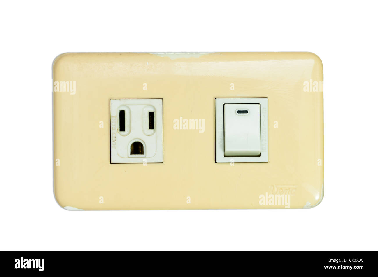 Old multi power combination light switch and power outlet isolated on