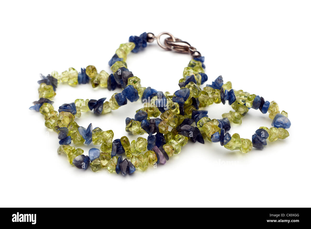 Green and blue plastic threaded bead necklace Stock Photo