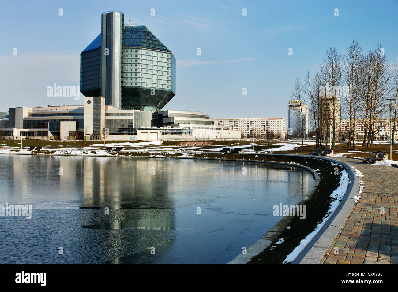 Early spring, the last snow and ice on the water in Minsk Stock Photo