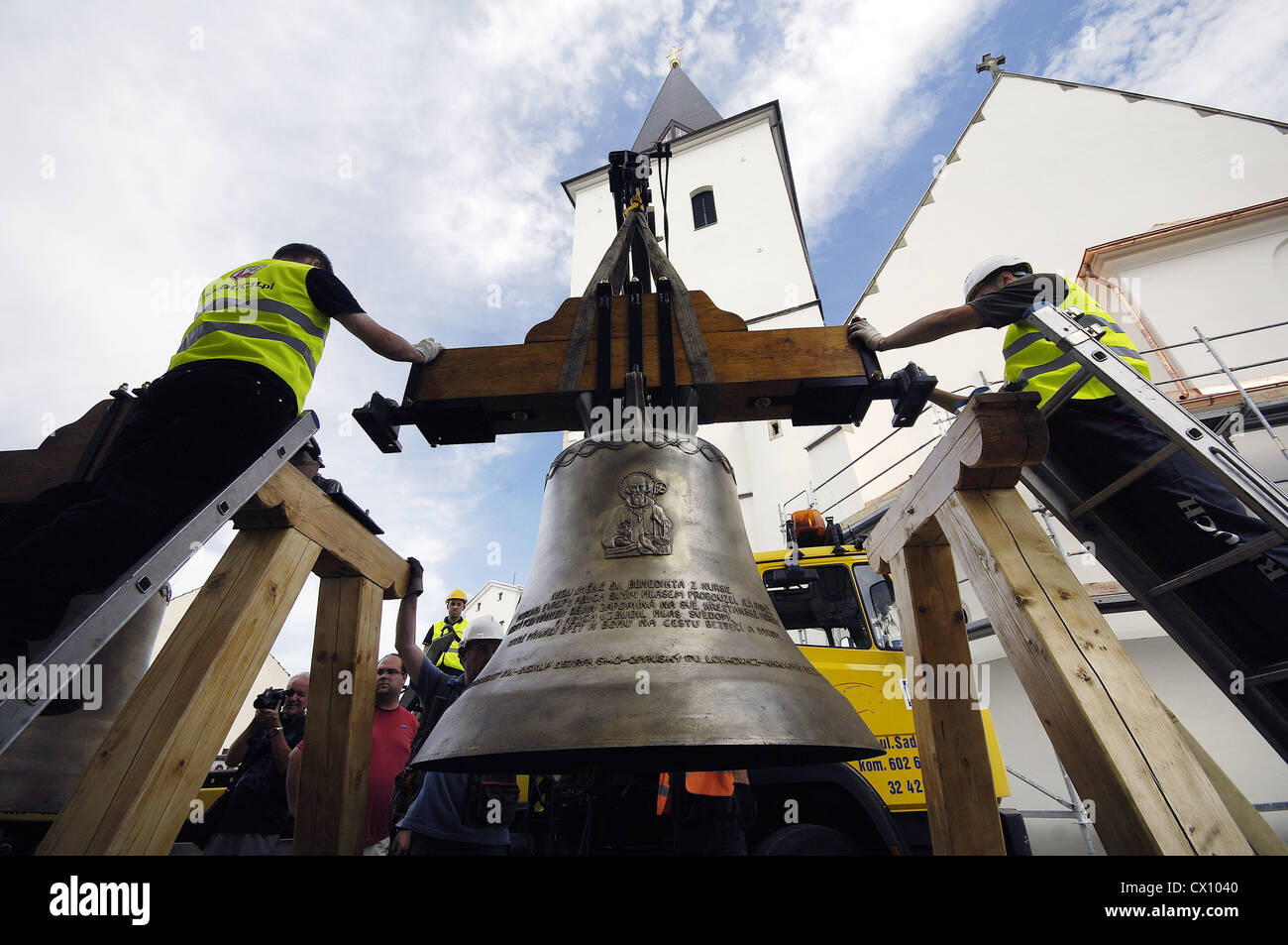 Four new bells Church Holy Cross arrived in Karvina (300 kms east Prague) Czech Republic on August 24 2012. Installation bells Stock Photo