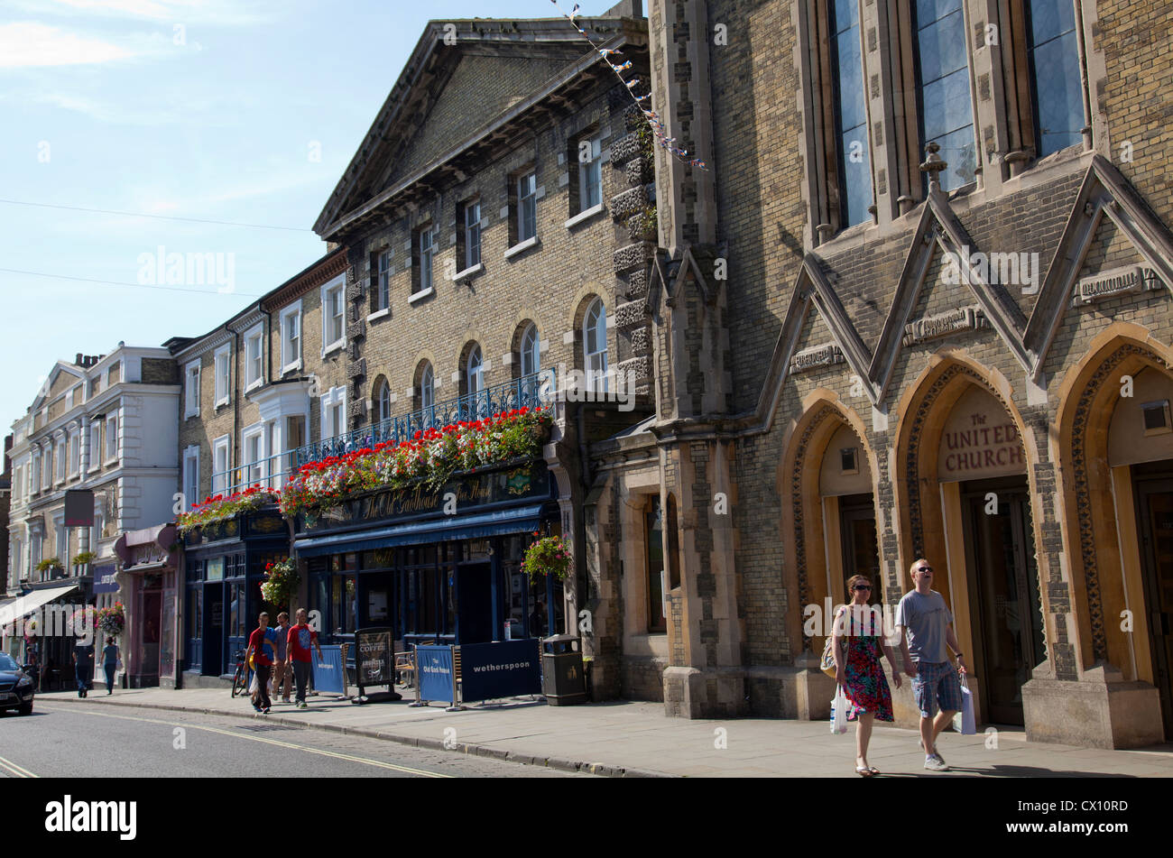 Jewry Street Restaurants, shops and Church in Winchester - Hampshire UK Stock Photo