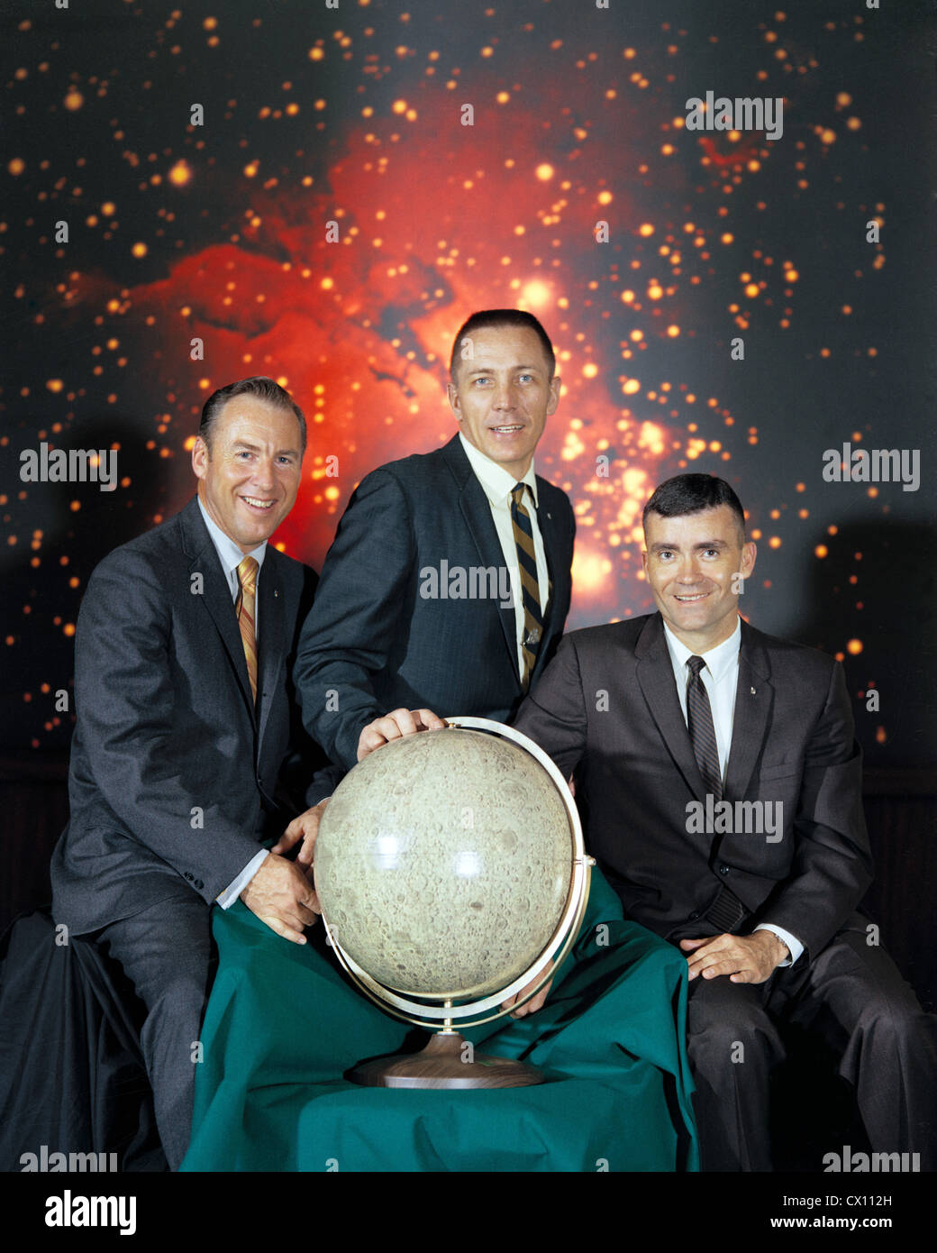 Apollo 13 crew, left to right, mission commander Jim Lovell, command module pilot John Swigert and module pilot Fred W. Haise. Stock Photo