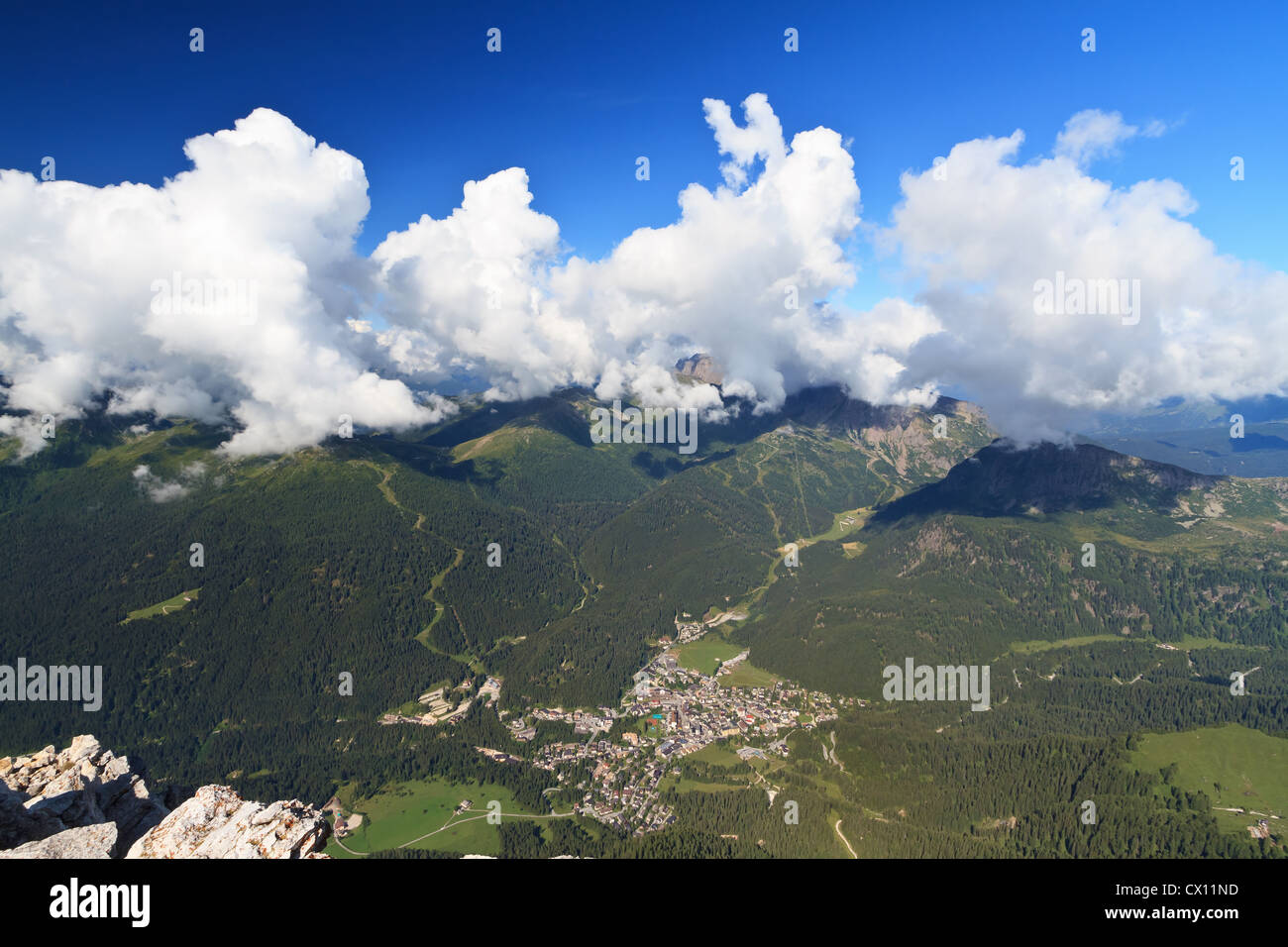 Aerial view of San Martino di Castrozza, famous small town in Primiero valley, Trentino, Italy Stock Photo