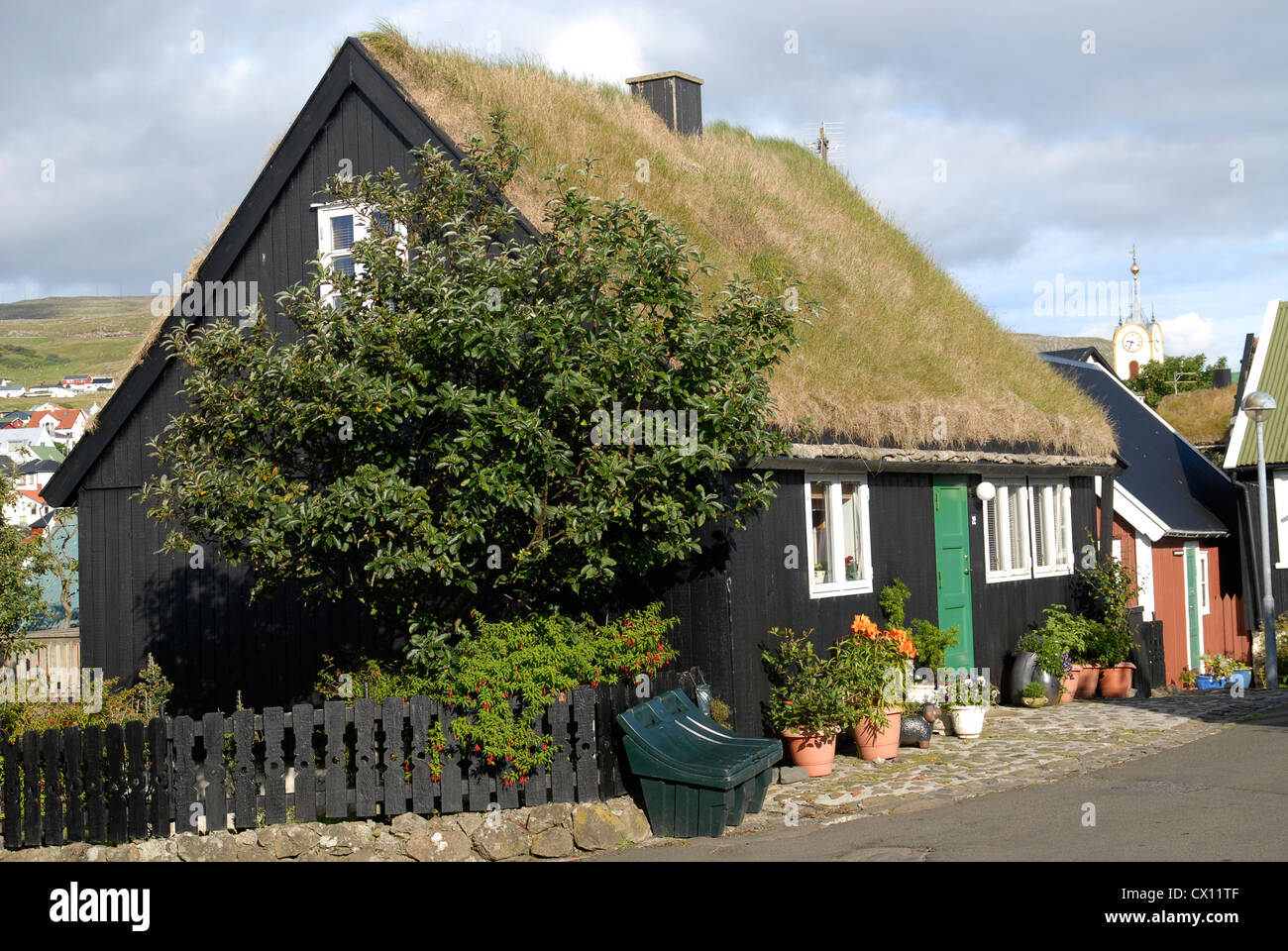 House with grass roof, Tinganes, Torshavn, Faroe Islands Stock Photo