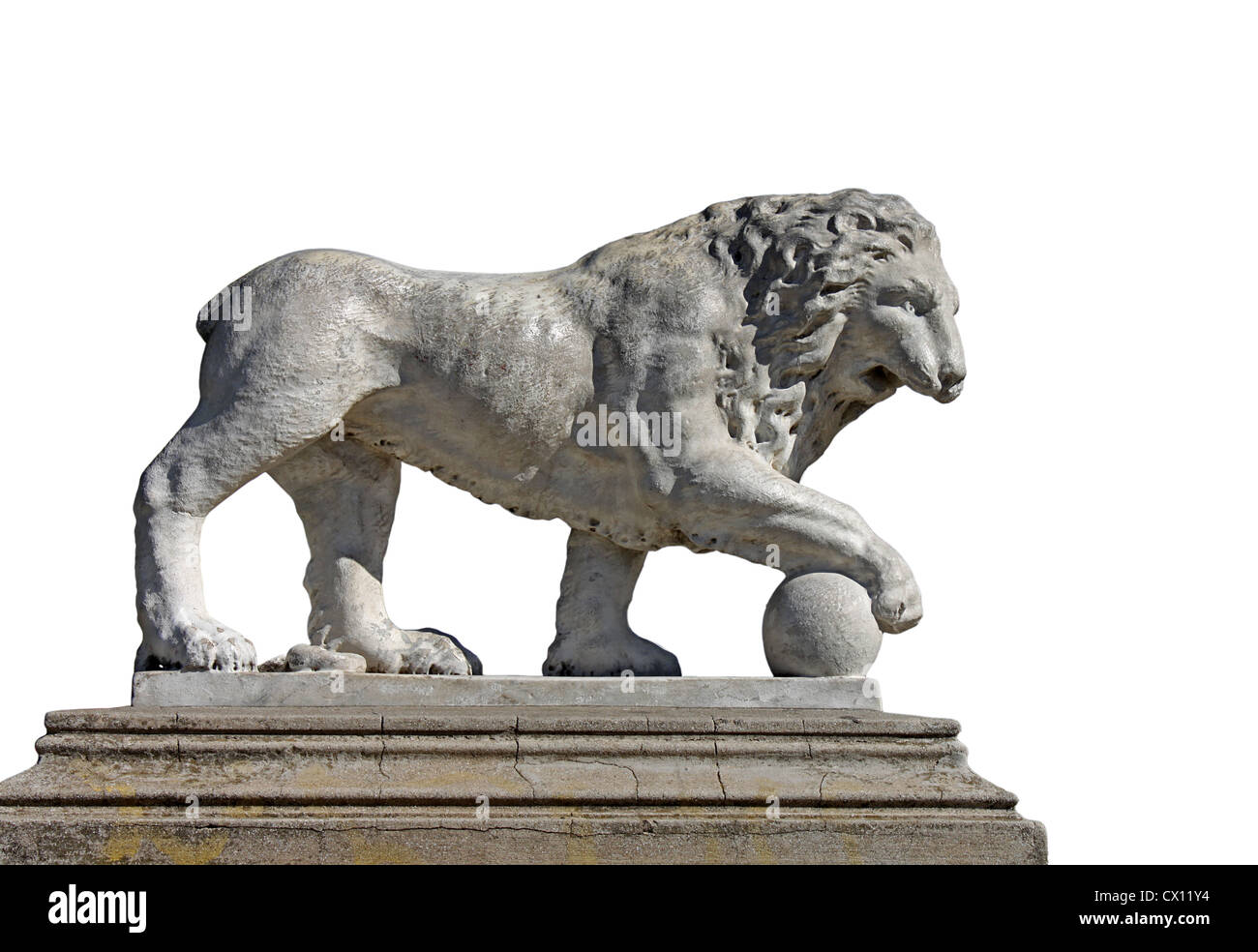 statue of lion with ball isolated on white Stock Photo - Alamy