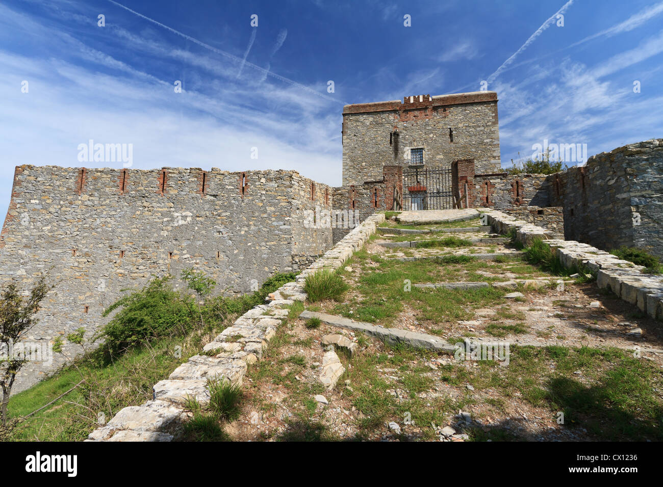 Pruin Castle is a medieval fortress built over Genova, Liguria, Italy Stock Photo
