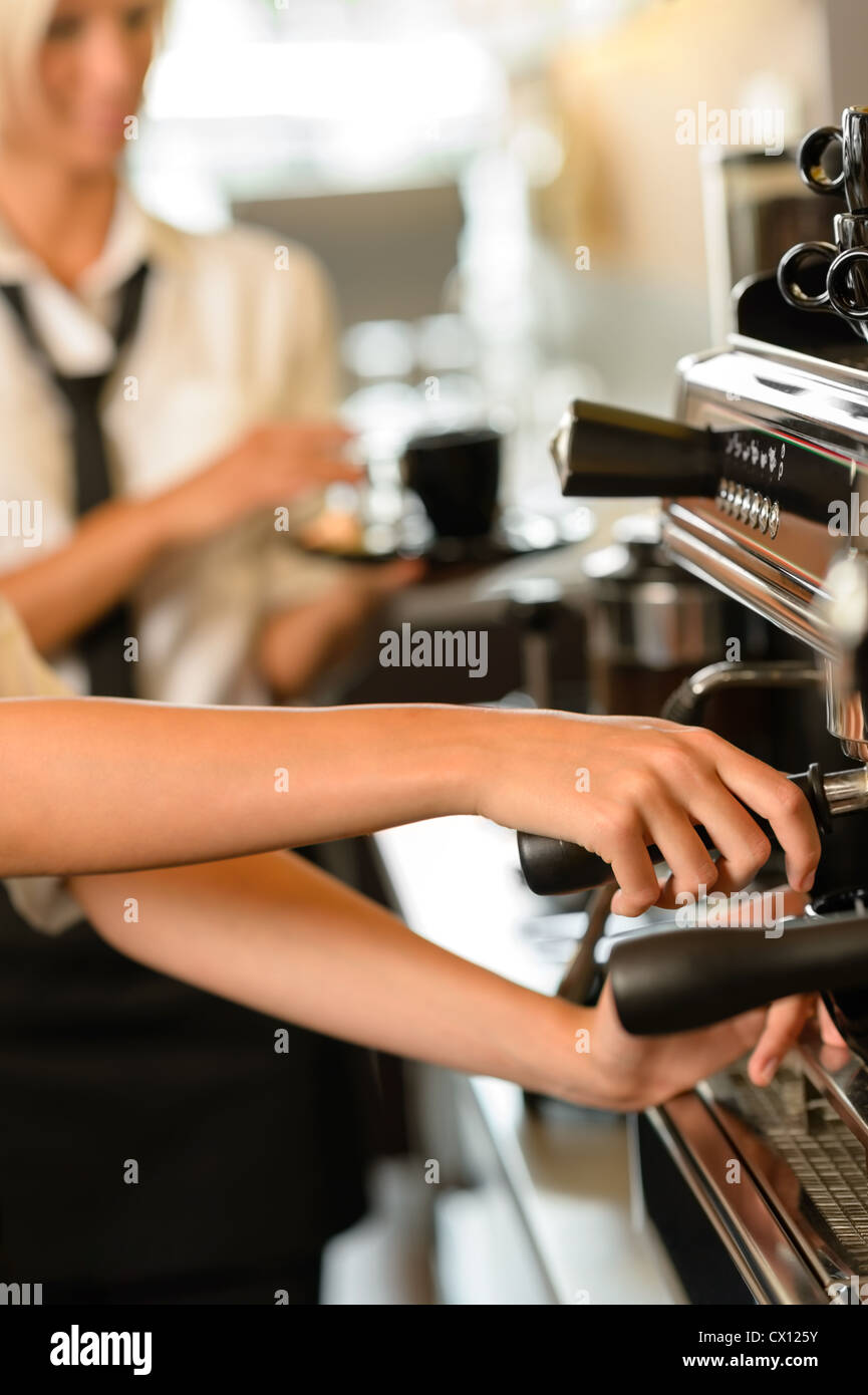 Close up hands waitress make coffee at work espresso machine Stock Photo Alamy