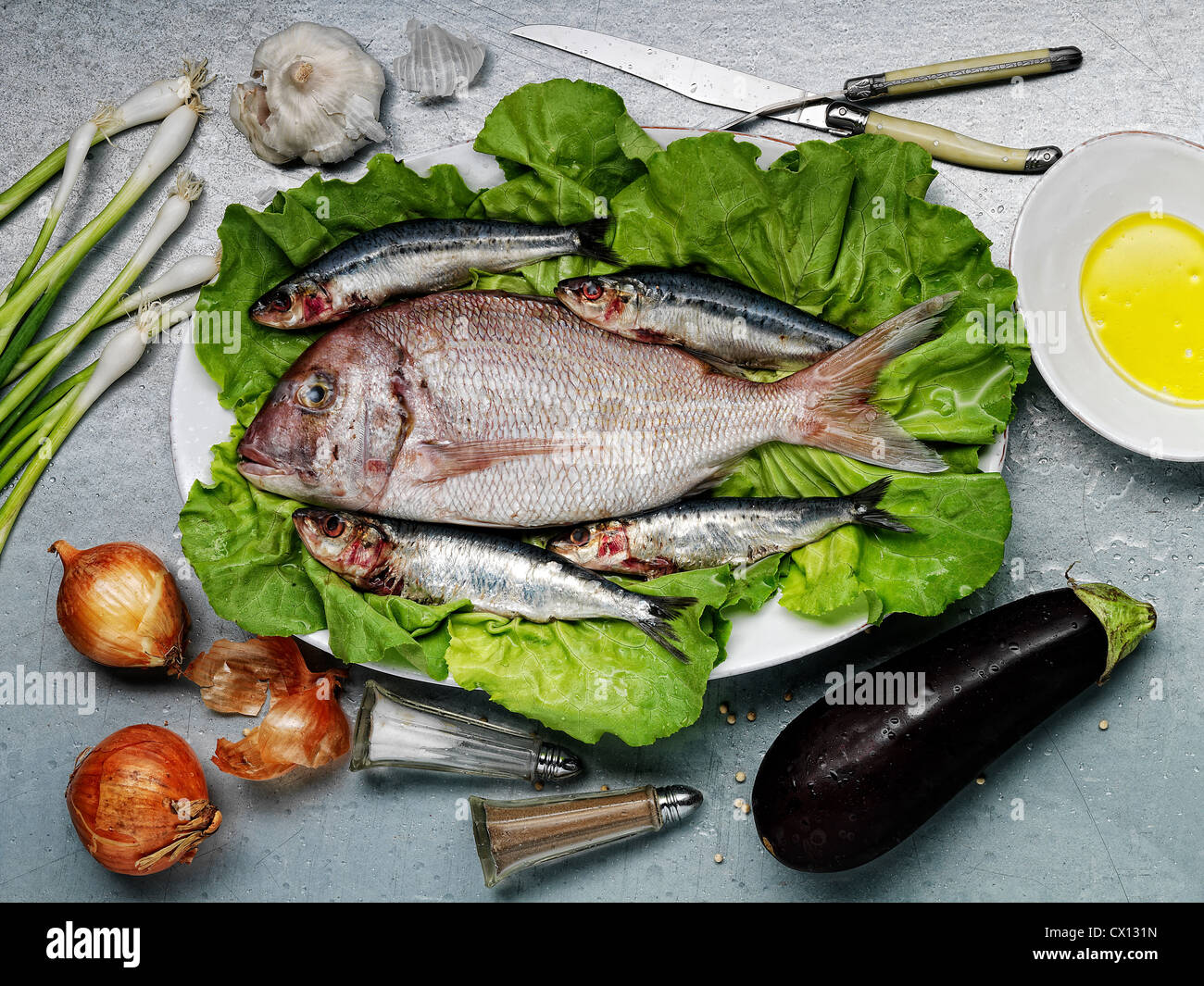 Raw fish and vegetables Stock Photo Alamy