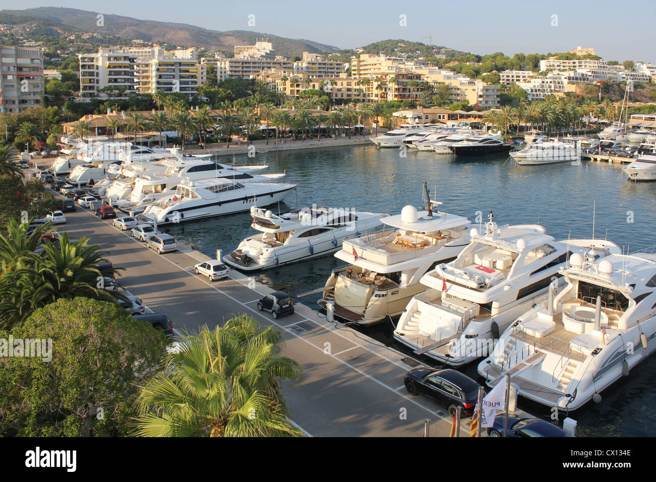 Puerto Portals Marina at late afternoon - luxury superyachts + restaurants + boutiques - Calvia, South West Mallorca / Majorca, Stock Photo
