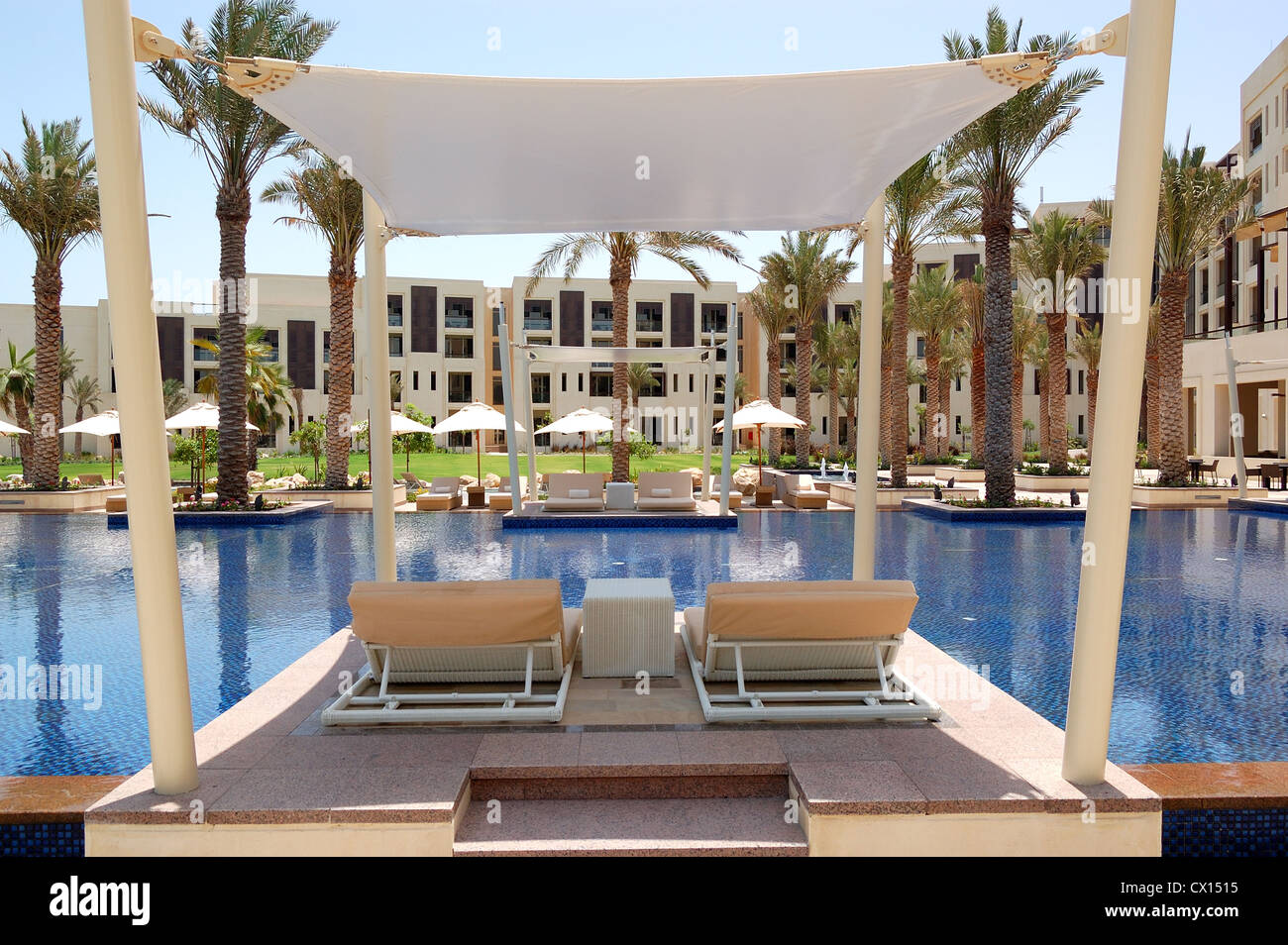 Hut at swimming pool of the luxury hotel, Saadiyat island, Abu Dhabi, UAE Stock Photo