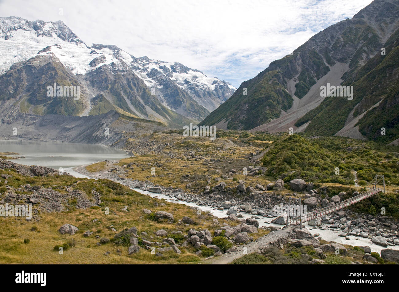 Glacial water flowing off the Hooker and Mueller glaciers join forces near Mount Cook village Stock Photo