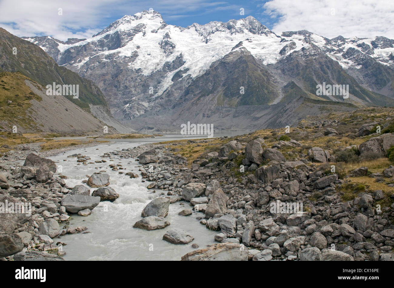 Glacial water flowing off the Hooker and Mueller glaciers join forces near Mount Cook village, with Mount Sefton dominating afar Stock Photo