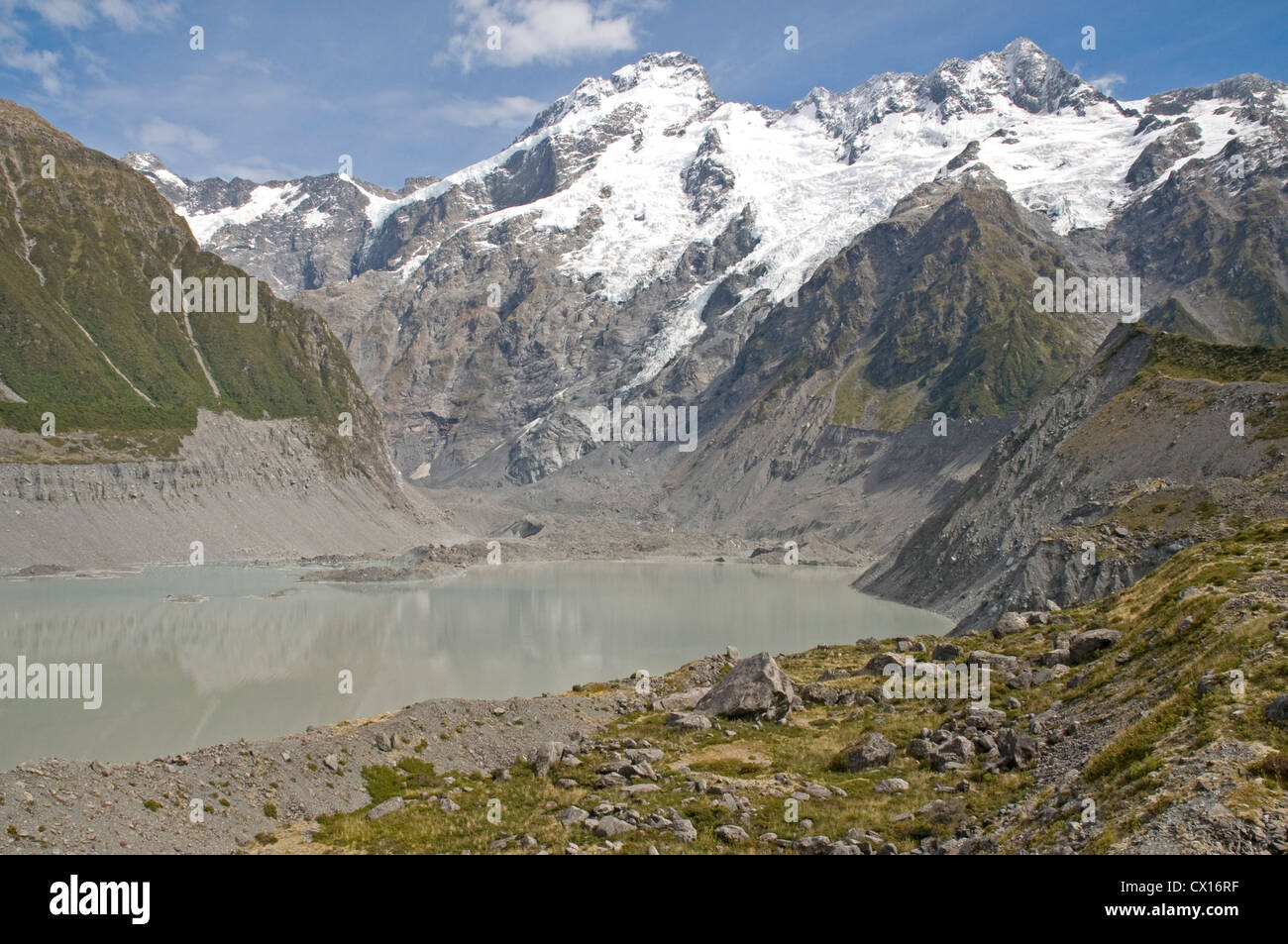 Glacial water flowing off  Mueller glacier into a lake near Mount Cook village, with Mount Sefton dominating afar Stock Photo