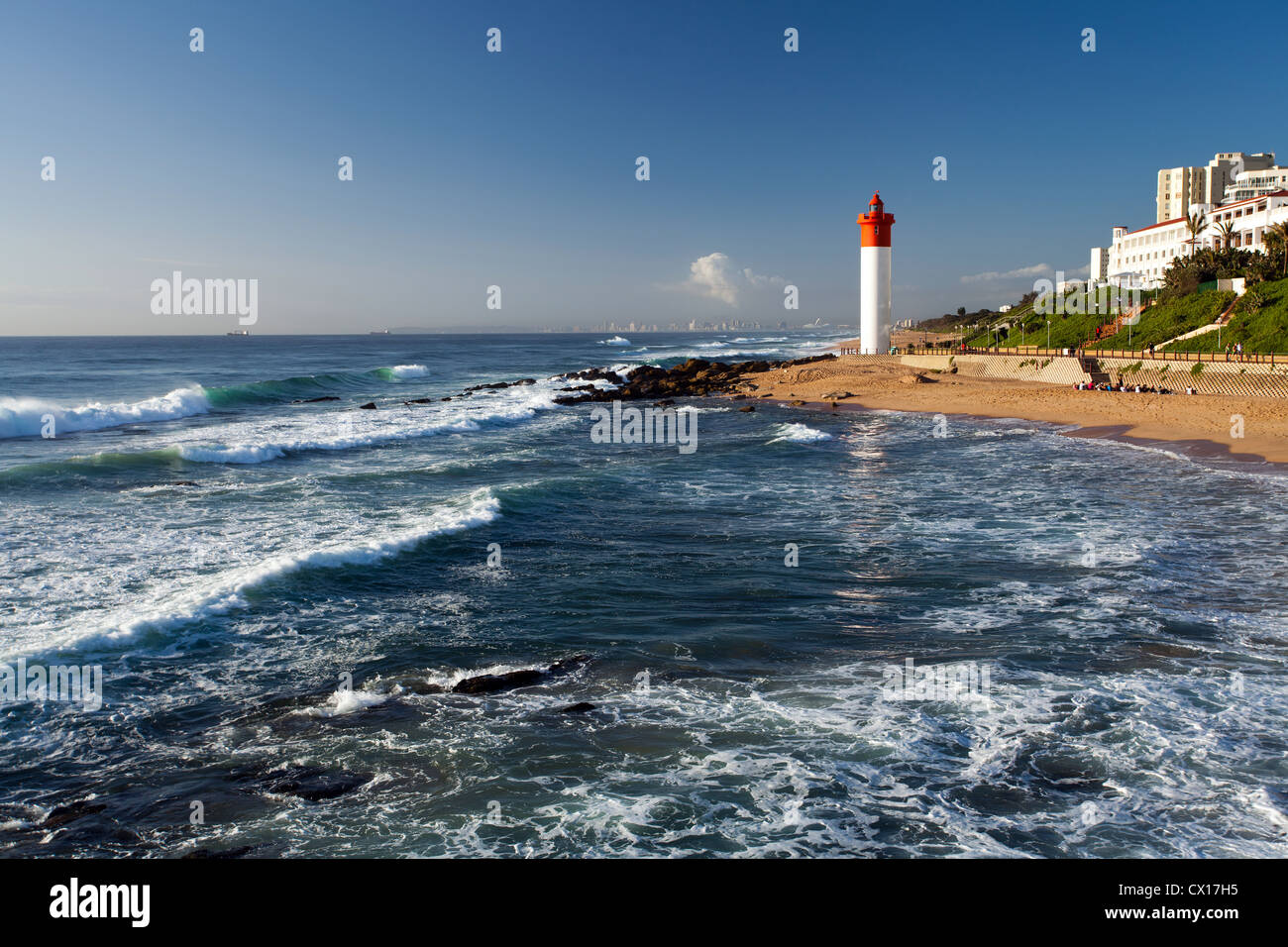 lighthouse in morning sunlight in Umhlanga beach, Durban, South Africa Stock Photo