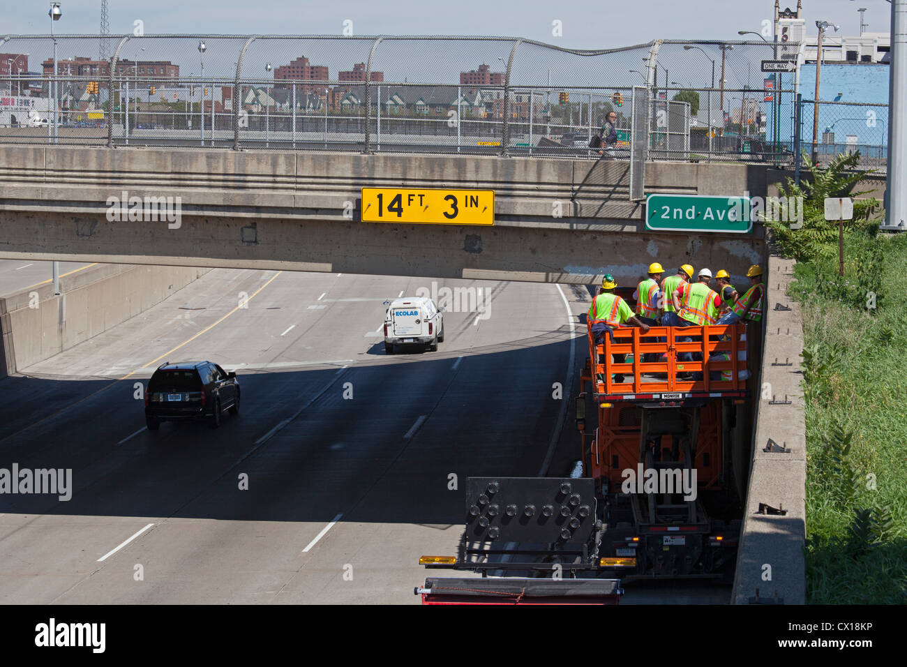 Detroit, Michigan - The Michigan Department of Transportation inspects the Second Avenue bridge over Interstate 75. Stock Photo