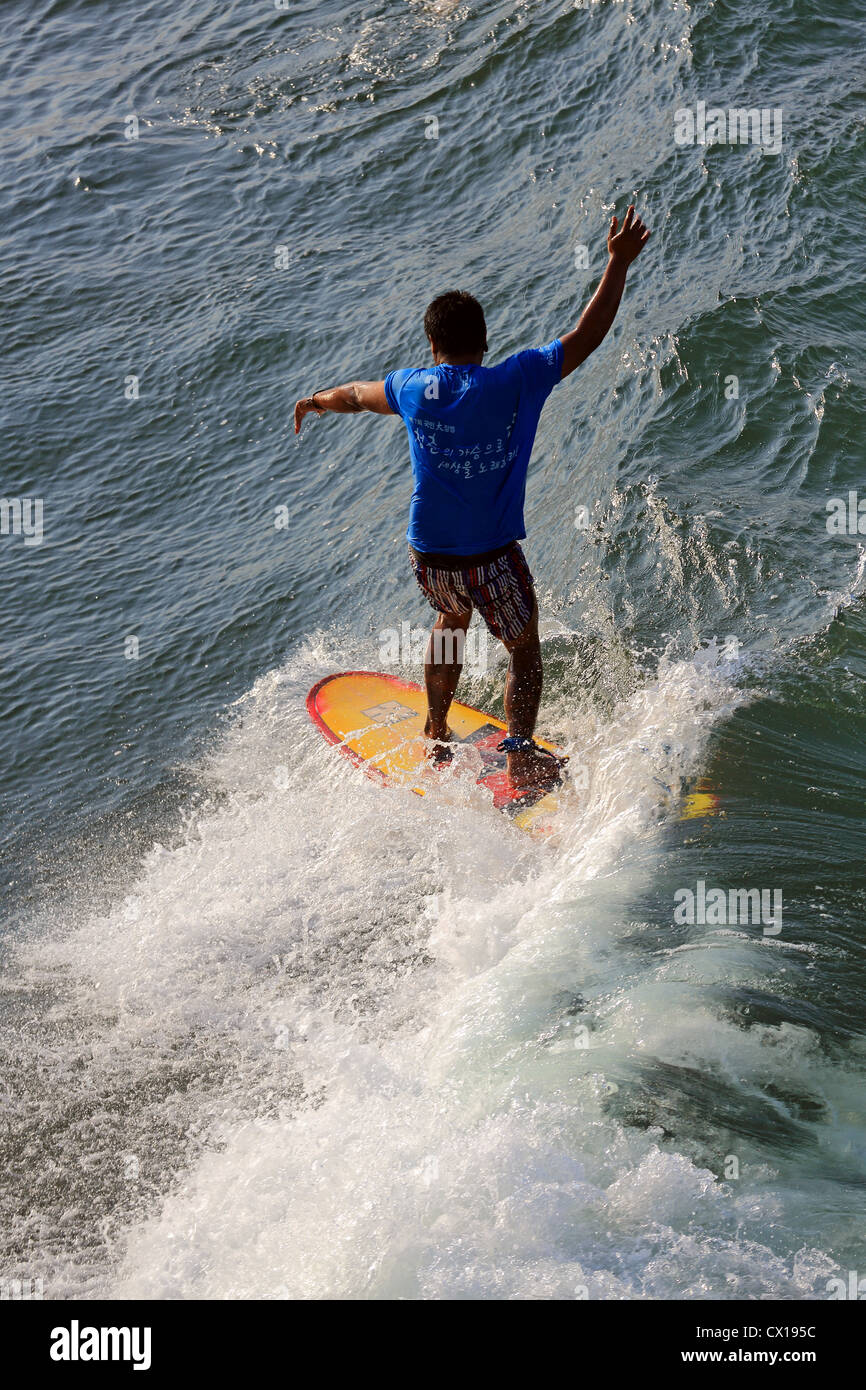 Local longboard surfer surfing at Batu Karas in West Java, Indonesia