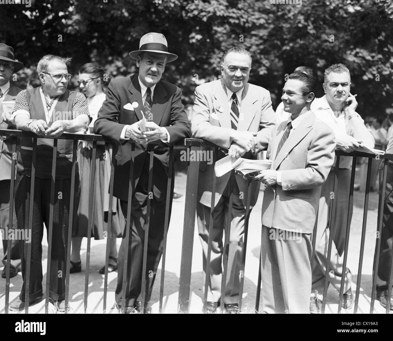 Clyde Tolson, J. Edgar Hoover and Sam Wm. Renick at Belmont Park Race Track, NY June 6, 1953 Stock Photo