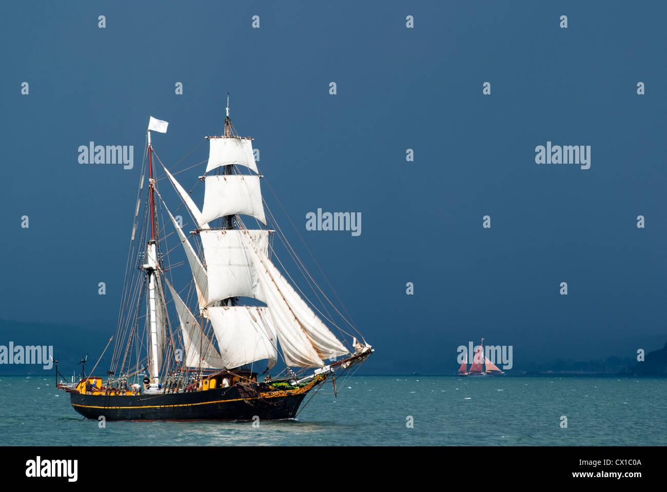 Tall Ship, the Sailing Vessel and Cargo Ship, Brigadine Tres Hombres, Two Masted and Square Rigged Schooner Stock Photo