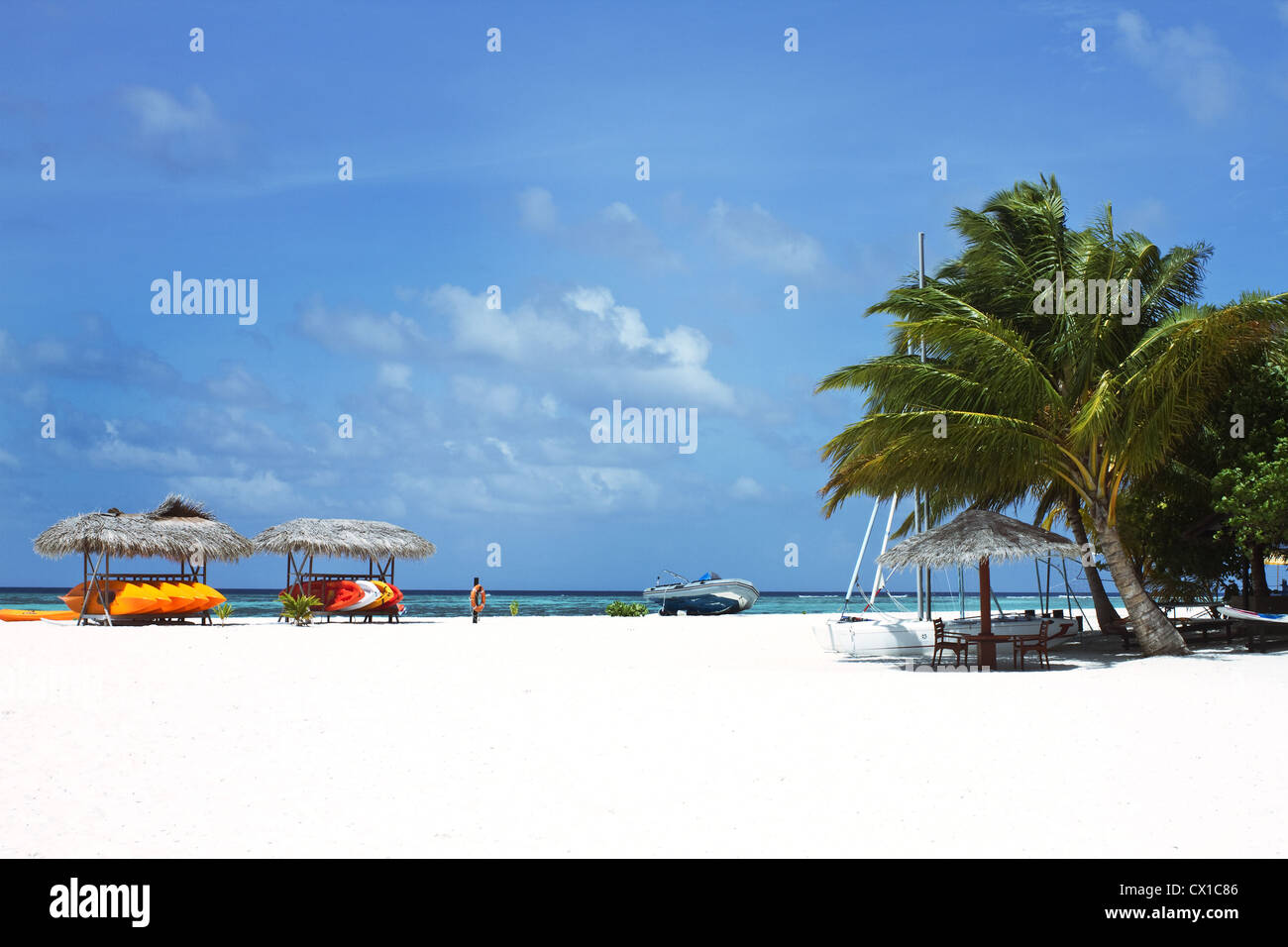 Landscape photo of Coconut trees and couches on white sand beach with blue sky Stock Photo