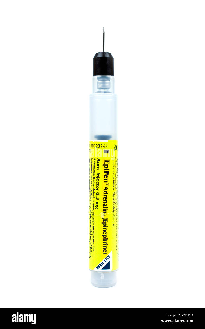 Epipen emergency adrenaline epinephrine injection pen for anaphylaxis treatment of allergic reactions Stock Photo