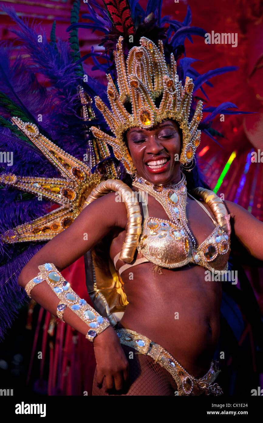 Dancer In Colourful Costume At Samba School Rehearsal For Rio Carnival In Brazil Stock Photo Alamy