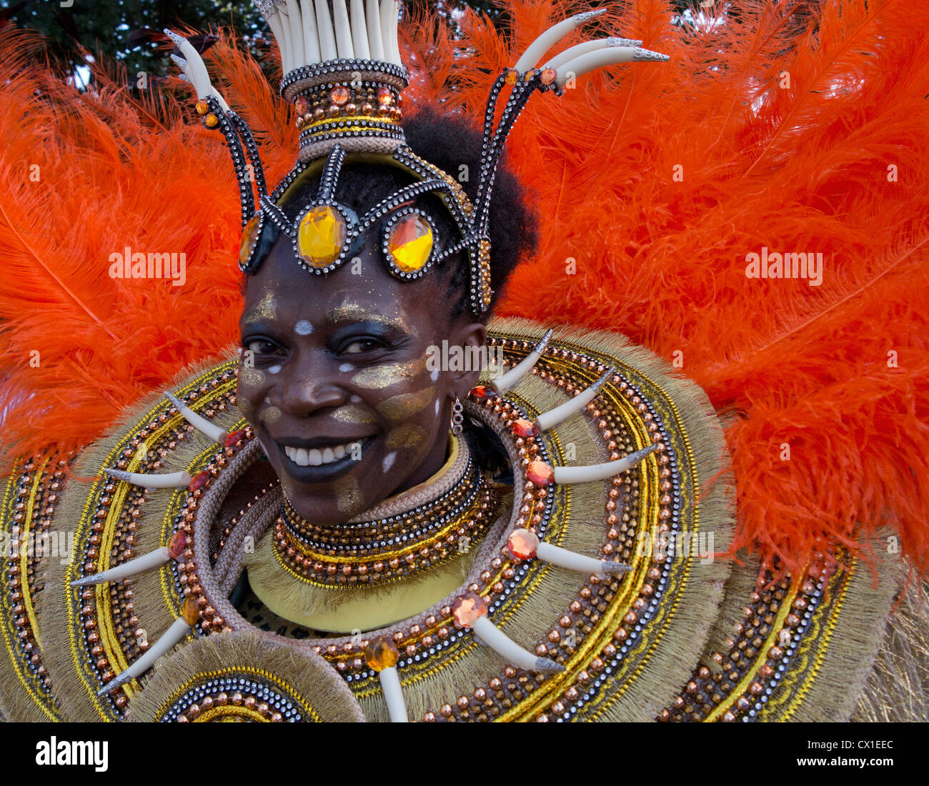 Dancer in colourful costume at Samba school rehearsal for Rio carnival ...
