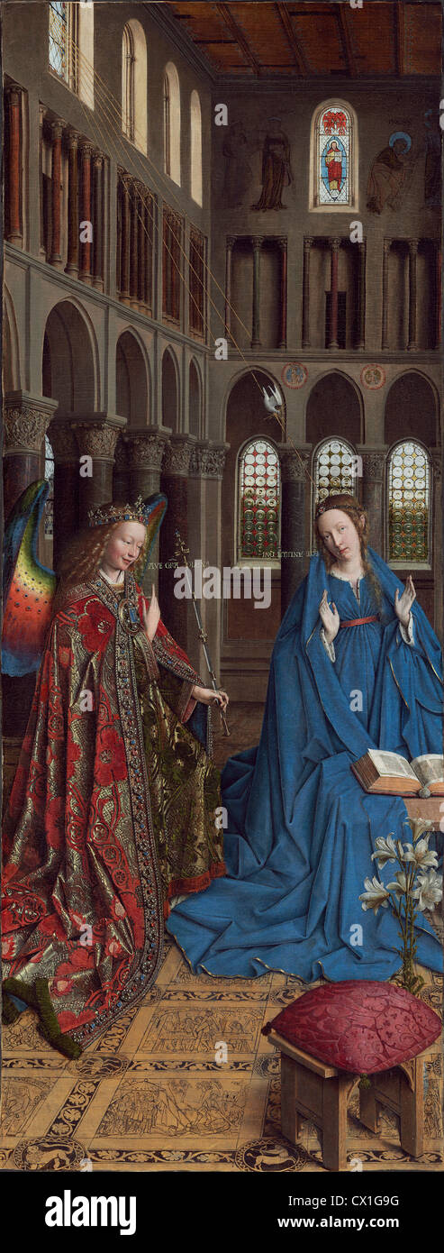 Jan van Eyck (Netherlandish, c. 1390 - 1441 ), The Annunciation, c. 1434/1436, oil on canvas transferred from panel Stock Photo