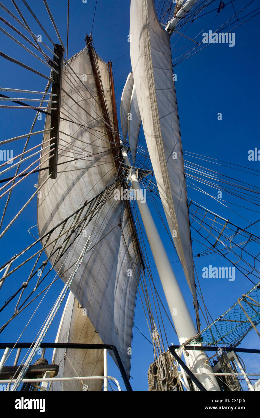 Sails and rigging on board of the tall ship / barquentine Antigua sailing with tourists towards Svalbard, Spitsbergen, Norway Stock Photo