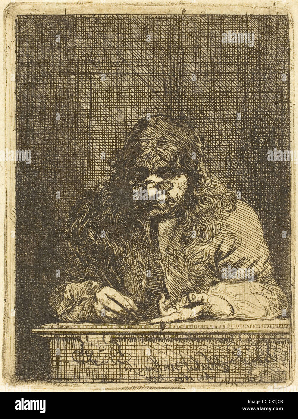Michael Lukas Leopold Willmann (German, 1630 - 1706 ), Self-Portrait Drawing, 1675, etching on laid paper Stock Photo