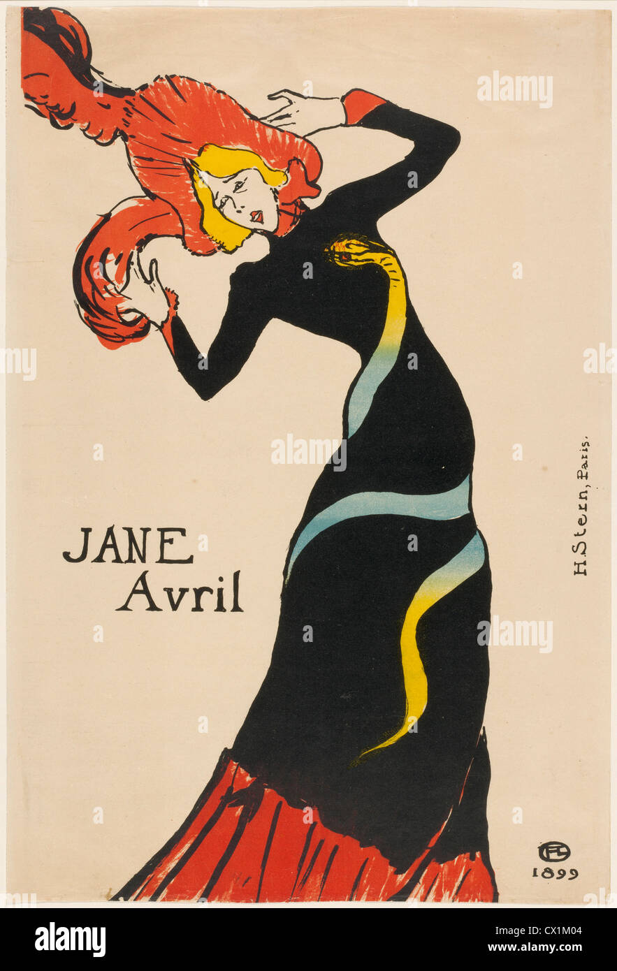 Henri de Toulouse-Lautrec (French, 1864 - 1901 ), Jane Avril, 1899, 5-color lithograph [poster] on thin wove paper Stock Photo