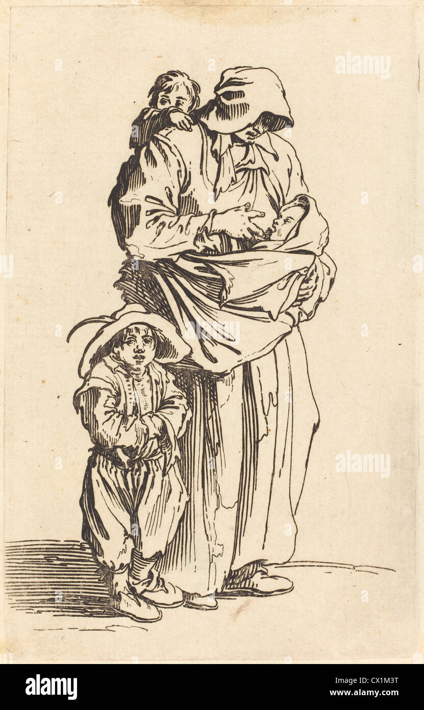 Jacques Callot (French, 1592 - 1635 ), Mother and Three Children, c. 1622, etching Stock Photo