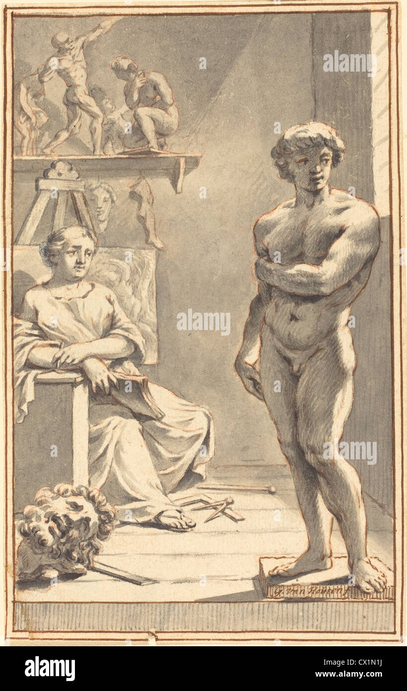 Gerard van Houten (Dutch, 1675 - 1706 ), Allegory of Sculpture, pen and brown and gray ink with gray wash on laid paper Stock Photo