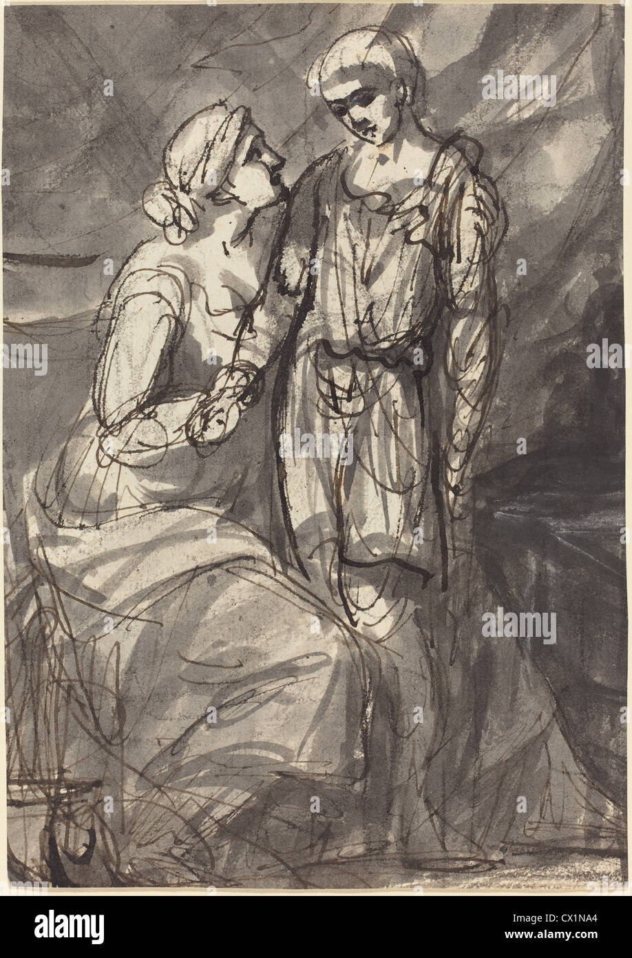 Henri-Pierre Danloux (French, 1753 - 1809 ), Two Figures in Classical Dress, pen and black ink with black wash over black chal Stock Photo