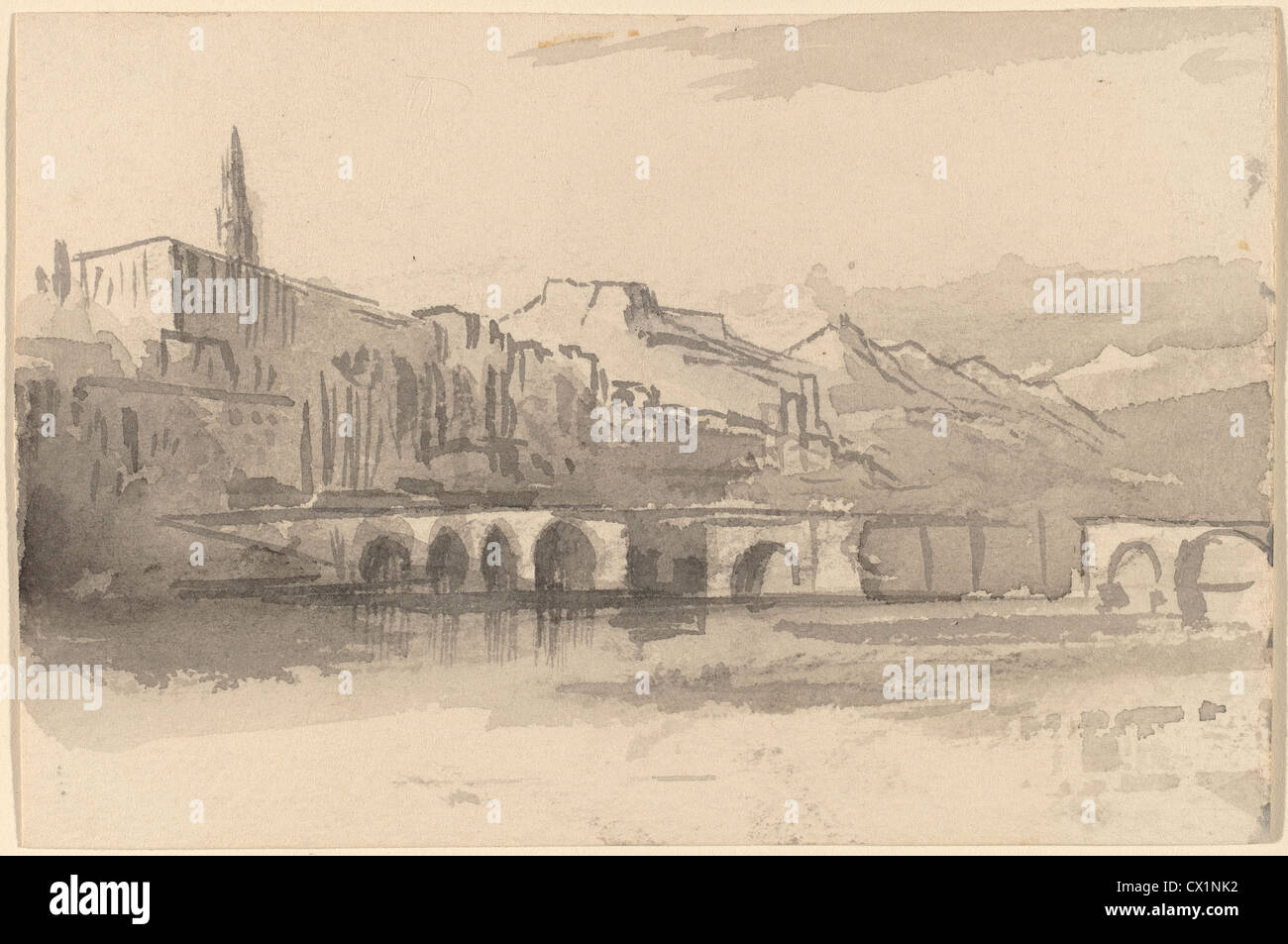 Edward Lear, Bridge with Mountains in the Distance (Ventimiglia), British, 1812 - 1888, 1884/1885, gray wash on wove paper Stock Photo