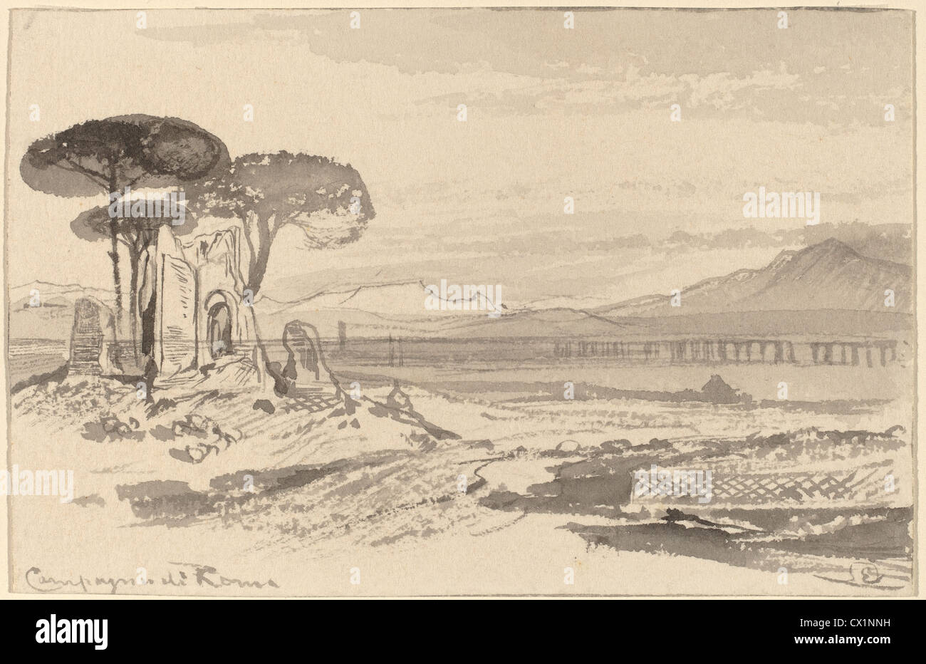 Edward Lear, Campagna di Roma, British, 1812 - 1888, 1884/1885, gray wash on wove paper Stock Photo