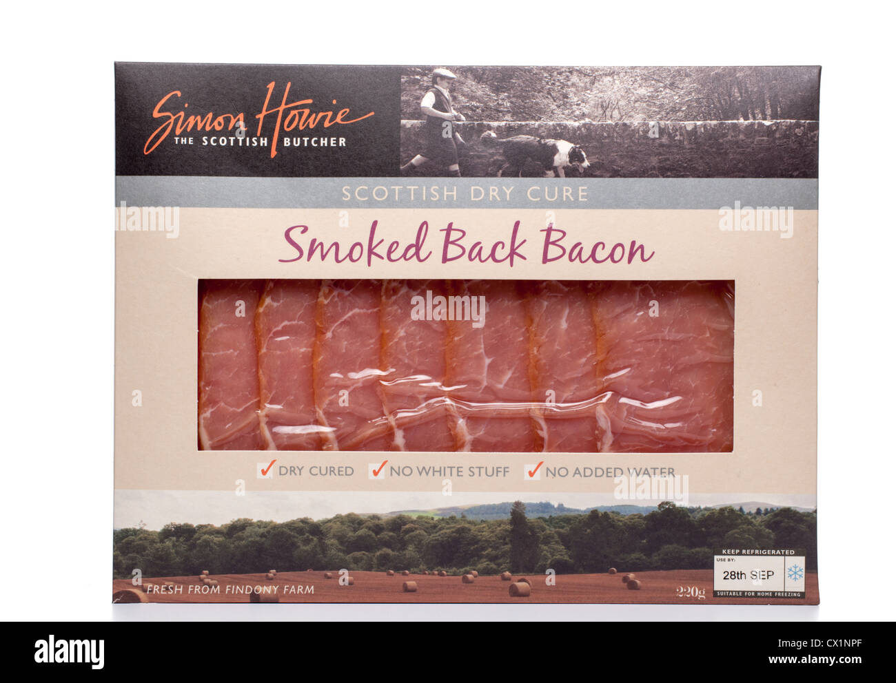 Pack of Scottish dry cure smoked back bacon from Scottish butcher Simon Howie Stock Photo