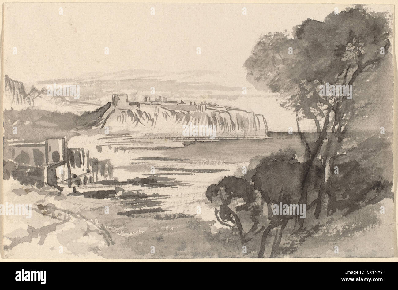 Edward Lear, View across a Bay (Monaco?), British, 1812 - 1888, 1884/1885, gray wash on wove paper Stock Photo