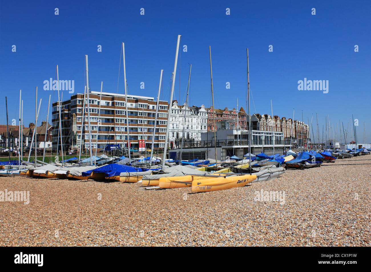 Yachts on the beach at Bexhill-on-Sea, East Sussex, England UK Stock Photo