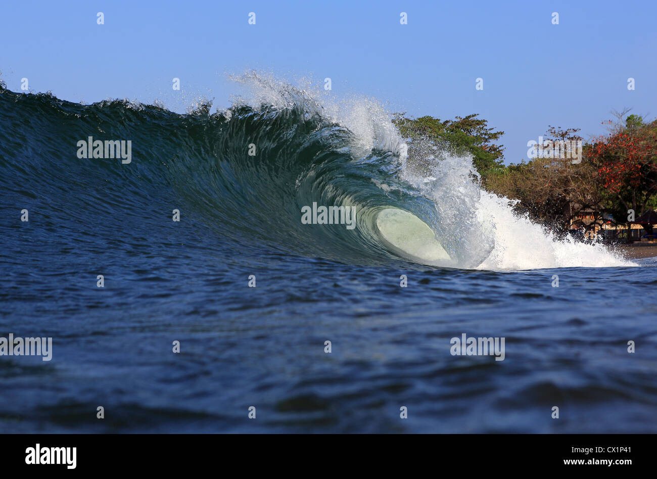 Empty hollow ocean surfing wave breaking onto the beach in Batu Karas, West Java. Stock Photo