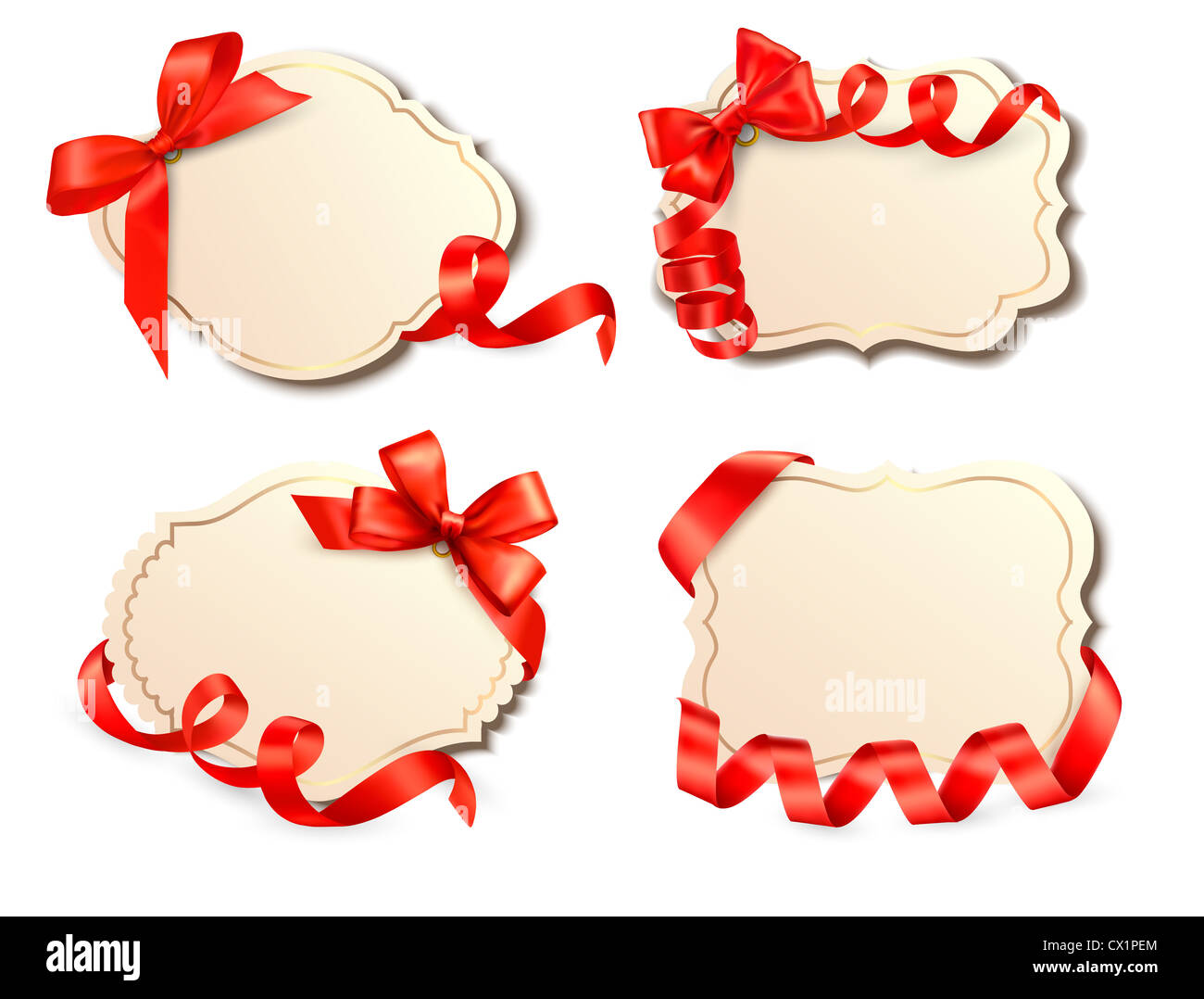Set of card notes with red gift bows with ribbons Vector Stock Photo ...