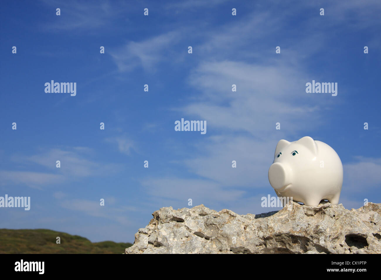 A white piggy bank on a beautiful landscape Stock Photo - Alamy