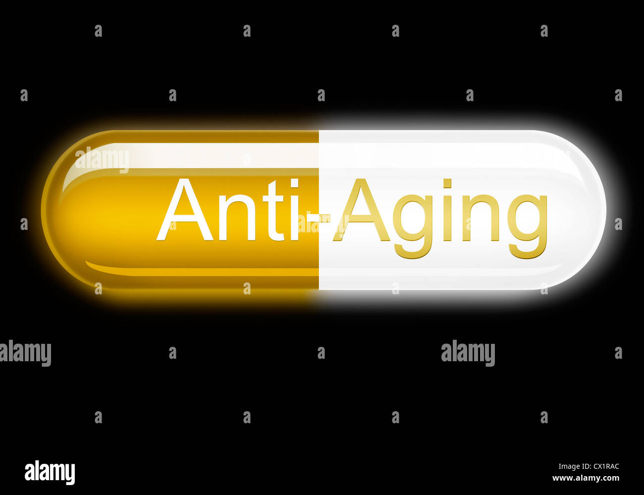 Illustration of a glowing Anti-Aging Capsule on black background.  Concept image Stock Photo