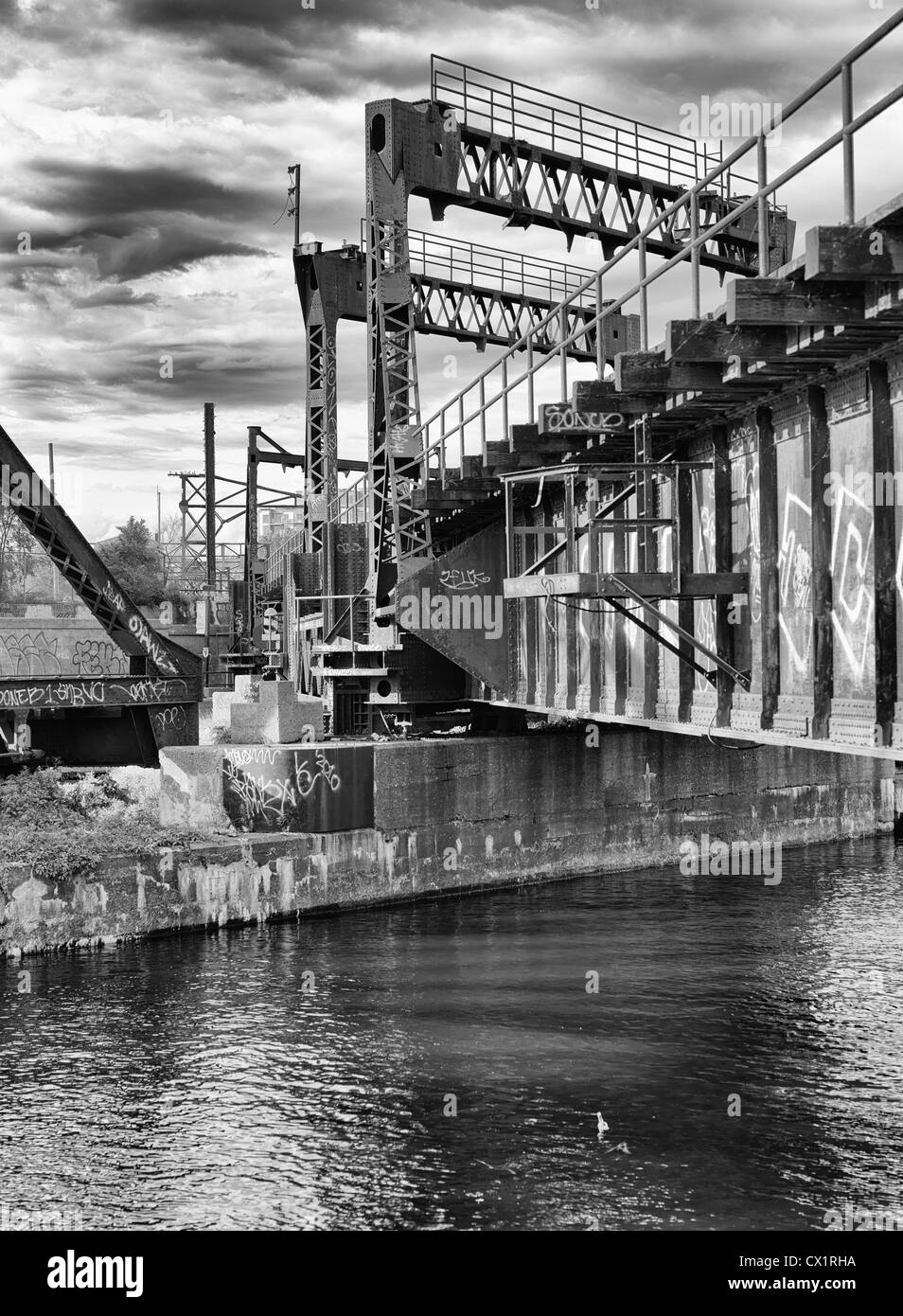 Bridge Canal Montreal Rail River Train Graffitis Stock Photo