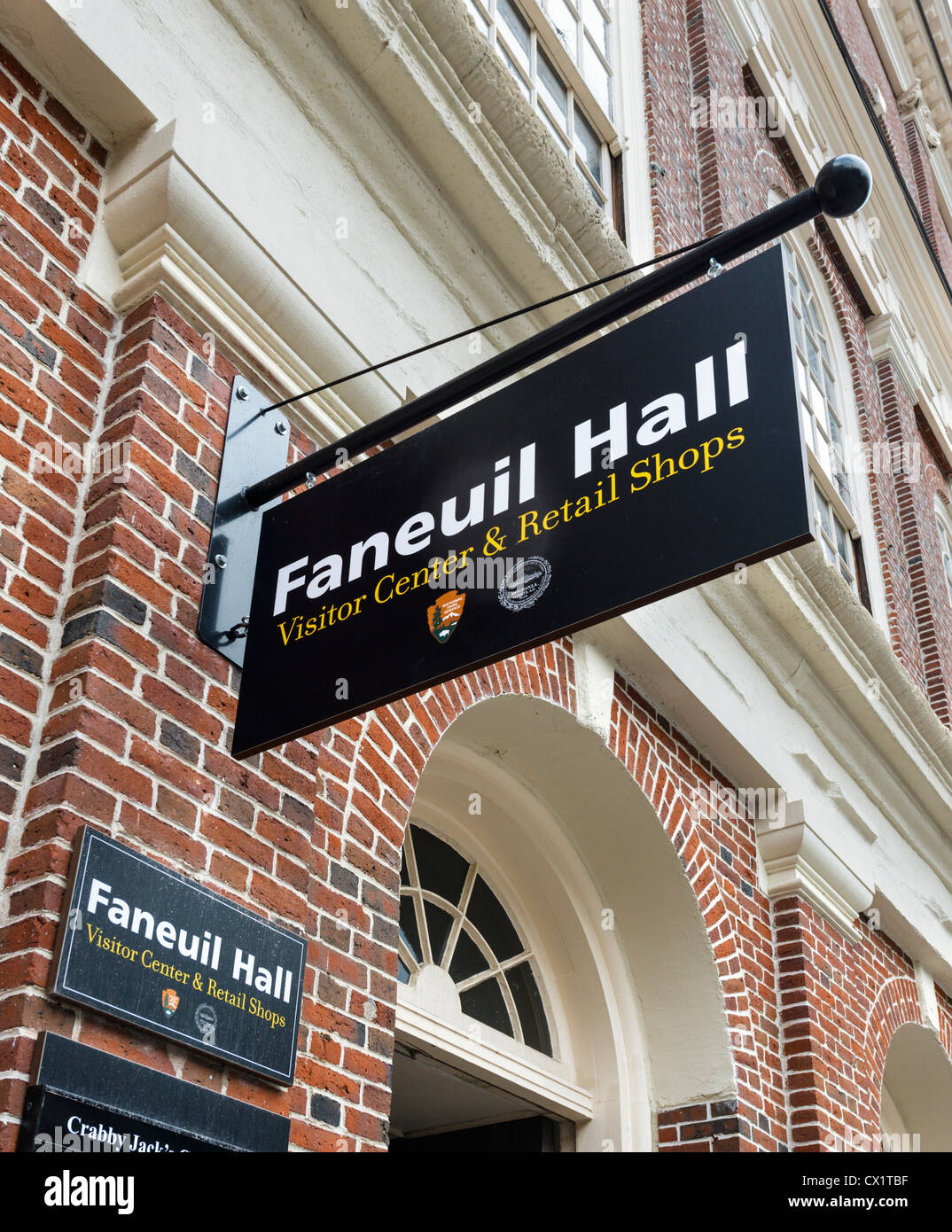 Sign outside Faneuil Hall, Boston, Massachusetts, USA Stock Photo