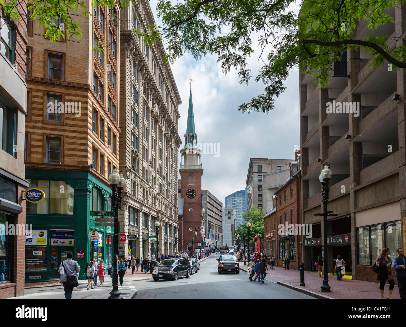 View down Washington Street looking towards the Old South Meeting House, Boston, Massachusetts, USA Stock Photo